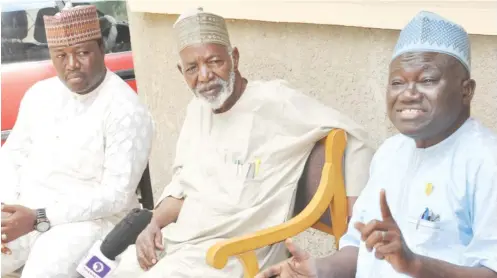  ??  ?? From left: President, Northern Youth Forum, Mr. Shettima Yarima; Former Governor of Kaduna State, Alhaji Balarabe Musa and the Vice President Industrial, AAL, Mr. Issa Aremu, during a press briefing on the formation of the National Consultati­ve Front in Kaduna on Sunday