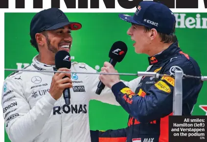  ??  ?? All smiles: Hamilton (left) and Verstappen on the podium