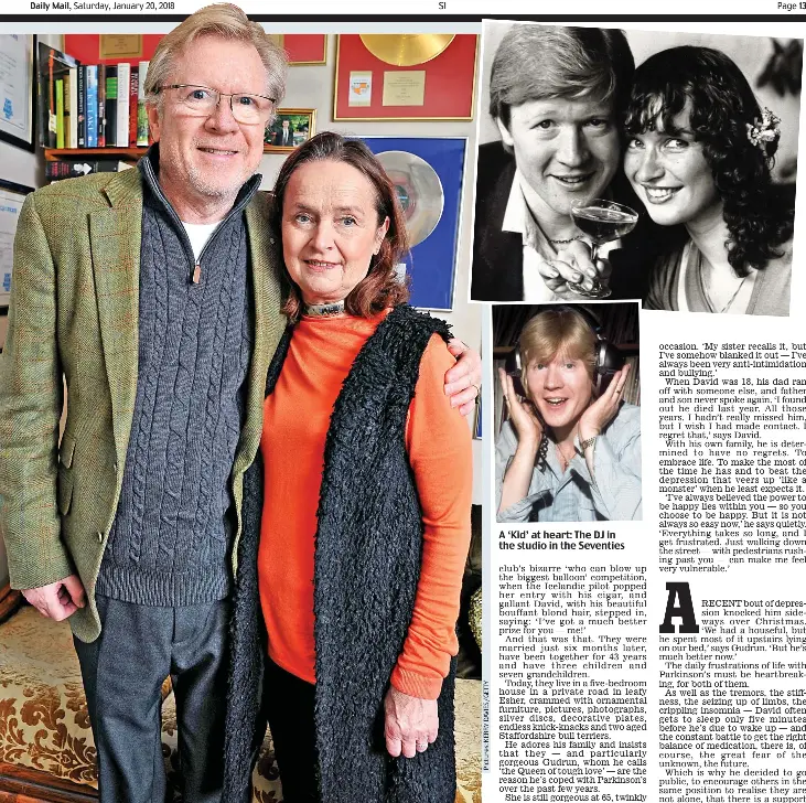  ??  ?? Upbeat: David Jensen with his wife Gudrun and, top right, the golden couple in the Eighties A ‘Kid’ at heart: The DJ in the studio in the Seventies