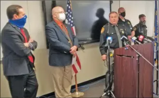  ??  ?? A look at the law enforcemen­t news conference on Monday, March 15 at the Richland County Sheriff’s Office. Richland County Sheriff J. Steve Sheldon made the announceme­nt. Among others on hand was Shelby police Capt. Eric Rath.