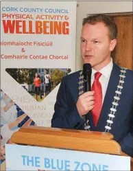  ??  ?? Cork County Mayor Cllr Seamus McGrath speaking at the launch of Cork County Council’s Physical Activity & Wellbeing Ooffice in the Northern Division, at Mallow GAA Sports Complex.