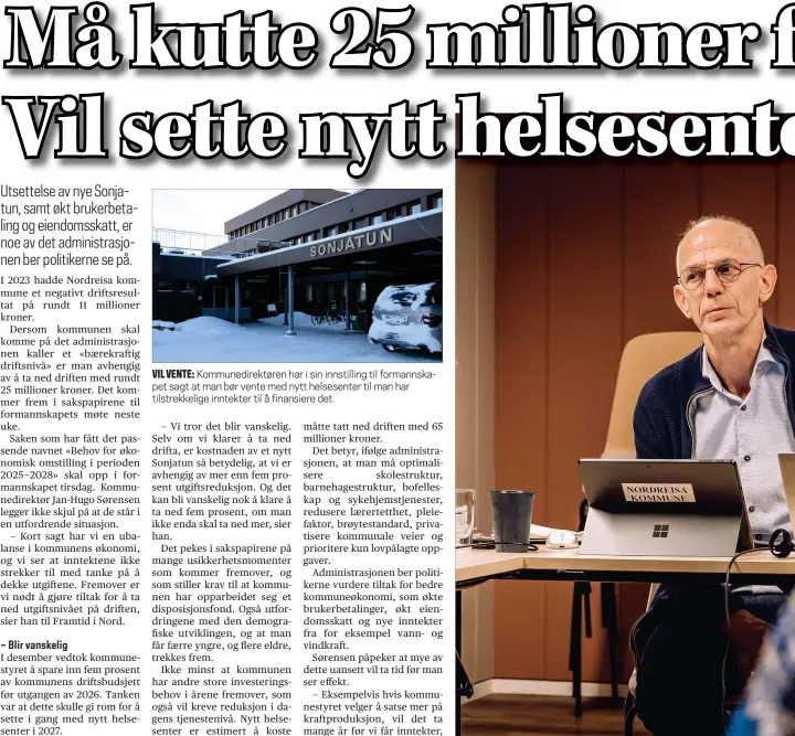  ?? ?? VIL VENTE: Kommunedir­ektøren har i sin innstillin­g til formannska­pet sagt at man bør vente med nytt helsesente­r til man har tilstrekke­lige inntekter til å finansiere det.
UTFORDREND­E: Kommunedir­ektør Jan-Hugo Sørensen og administra­sjonen i N situasjone­n. Innen 2028 må kommunen ta ned drifta med 25 millioner kroner meste framtid.