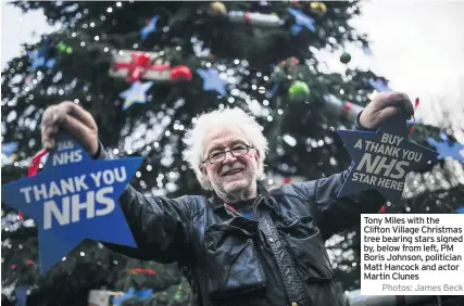  ?? Photos: James Beck ?? Tony Miles with the Clifton Village Christmas tree bearing stars signed by, below from left, PM Boris Johnson, politician Matt Hancock and actor Martin Clunes