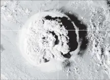  ?? ?? The eruption of an underwater volcano off Tonga, which triggered a tsunami warning for several South Pacific island nations, is seen in an image from the NOAA GOES-West satellite taken at 05:00 GMT January 15, 2022. (CIRA/NOAA/Handout via REUTERS)