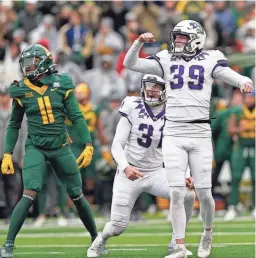  ?? LM OTERO/AP ?? TCU kicker Griffin Kell reacts after making a game-winning field goal against Baylor on Saturday in Waco, Texas.