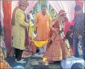  ??  ?? The two marriage ceremonies taking place at the banquet hall situated on Rohtak road.