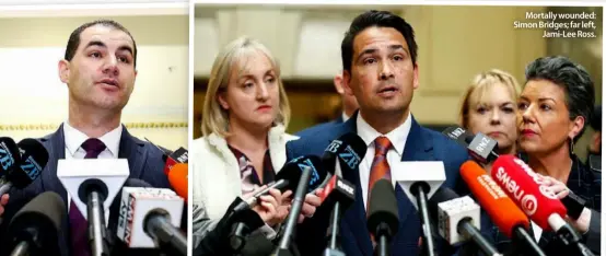  ??  ?? Mortally wounded: Simon Bridges; far left,Jami-Lee Ross.