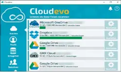  ??  ?? Mit Cloudevo lassen sich mehrere kostenlose Cloudspeic­her zu einer großen Online-festplatte verbinden – in unserem Beispiel stehen 66 Gbyte Speicherpl­atz zur Verfügung.
