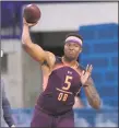  ?? AJ Mast / Associated Press ?? Ohio State quarterbac­k Dwayne Haskins throws at the NFL scouting combine in Indianapol­is, Thursday.