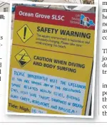  ??  ?? POOR OUTLOOK: Bushfire smoke descends at Moorpanyal Beach, North Shore, (left) and Herne Hill; and (right) lifesavers’ health warning to swimmers at Ocean Grove yesterday.