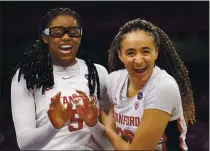  ?? PHOTO BY CARMEN MANDATO — GETTY IMAGES ?? Haley Jones, right, and fellow Stanford Cardinal Francesca Belibi rally before their Final Four semifinal victory against South Carolina.