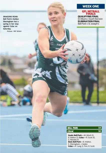  ?? Picture: PAT SCALA ?? DRAGONS ROAR: Bell Park’s Kaitlyn Sheringham has a spring in her step against Colac on Saturday.