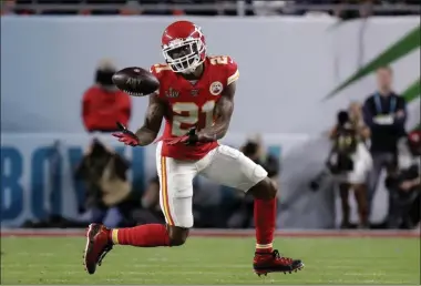  ?? WILFREDO LEE - THE ASSOCIATED PRESS ?? FILE - In this Feb. 2, 2020, file photo, Kansas City Chiefs’ Bashaud Breeland (21) intercepts a San Francisco 49ers pass during the first half of NFL football’s Super Bowl 54 in Miami Gardens, Fla.