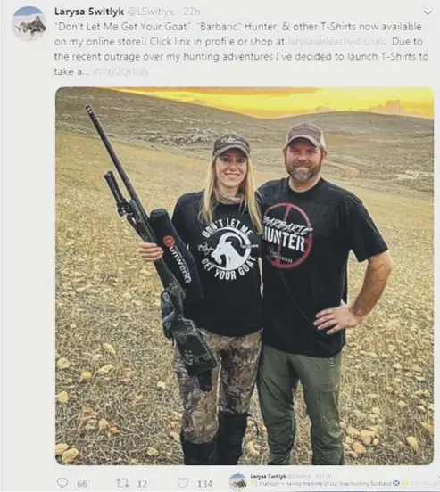  ??  ?? Larysa Switlyk models one of her range of T-shirts which she says she is launching in response to the outrage over her shooting exploits on Islay, right