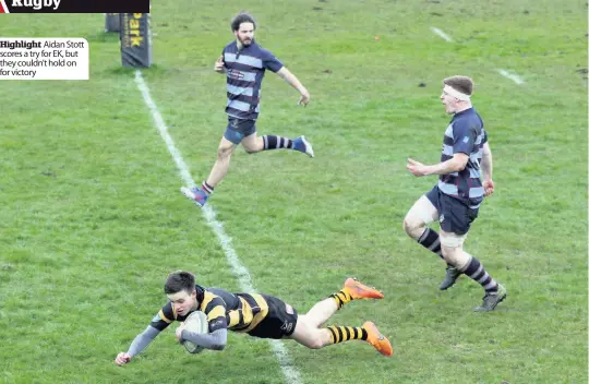  ??  ?? Highlight Aidan Stott scores a try for EK, but they couldn’t hold on for victory