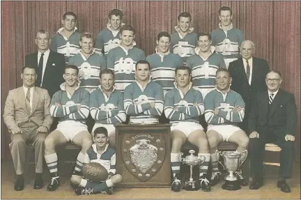  ?? PHOTO: SUPPLIED ?? Dubbo Macquarie Rugby League Football Club, CRL Group XI Premiers 1959. Back, T. Rutherford, R. Bartier, D. Teale, R. Light, middle, C. Rich (Strapper), P. Rawlinson, B. Perry, A. Currey, D. Schiemer, L. Delaney (Treasurer), front, R. Pack (President), R. Ridley, B. Pilon, L. Nosworthy (Captain), D. Moore, J. George, R. Lane (Secretary) and K. Jamieson (Mascot).