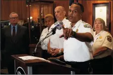  ?? ANTHONY PEZZOTTI/THE PHILADELPH­IA INQUIRER ?? Philadelph­ia Police commission­er Richard Ross Jr. speaks to the media on July 18 at the Police Administra­tion Building in Philadelph­ia. Philadelph­ia Mayor Jim Kenney is on the far left.