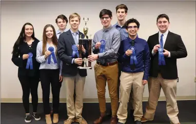  ?? SUBMITTED PHOTO ?? The winning team from Bishop Shanahan High School poses with their first place trophy after the Governor’s STEM competitio­n award ceremony on Wednesday, Feb. 5.