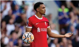  ?? Photograph: Robin Jones/Getty Images ?? Liverpool’s Trent Alexander-Arnold reacts after being booked for taking too long over a throw-in against Chelsea last weekend.