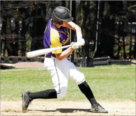  ?? PHOTOS BY STAN HUDY — SHUDY@DIIGITALFI­RSTMEDIA.COM ?? Ballston Spa sophomore Luke Gold turns on a Columbia offering Tuesday afternoon, sending this pitch over the left field fence for a two-run home run during the Suburban Council clash.