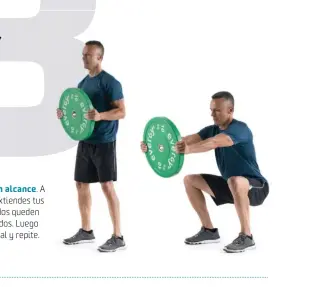  ??  ?? Realiza 5 squats con alcance. A la vez que desciendes, extiendes tus brazos hasta que los codos queden completame­nte extendidos. Luego vuelve a la posición inicial y repite.