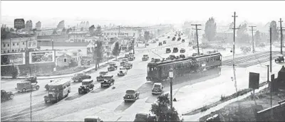  ?? Los Angeles Times ?? THIS 1936 image of the intersecti­on at Fairfax, San Vicente and Olympic is emblematic of L.A.’s historical­ly horizontal sprawl. Soon it will be home to the Broadstone Fairfax structure, reflective of the city’s increasing density and verticalit­y.