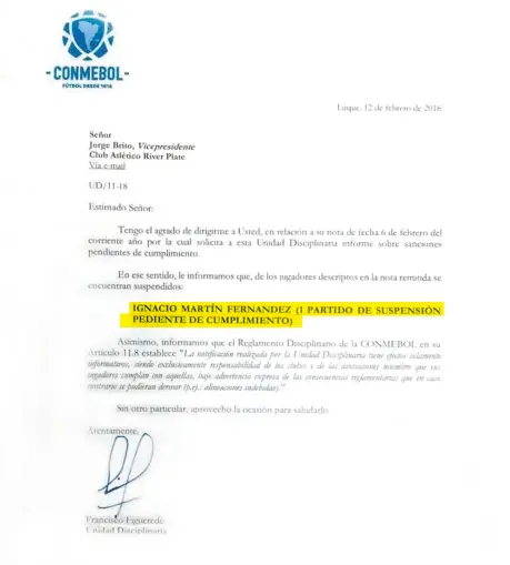  ??  ?? La carta que la Conmebol le envió a River el 12 de febrero de 2018, en la que le notifica que el único jugador suspendido es Nacho Fernández