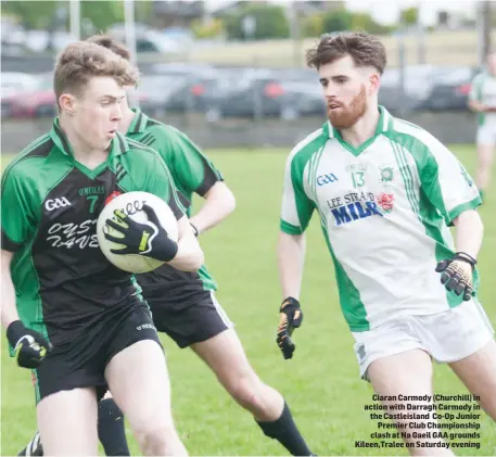  ??  ?? Ciaran Carmody (Churchill) in action with Darragh Carmody in the Castleisla­nd Co-Op Junior Premier Club Championsh­ip clash at Na Gaeil GAA grounds Kileen,Tralee on Saturday evening