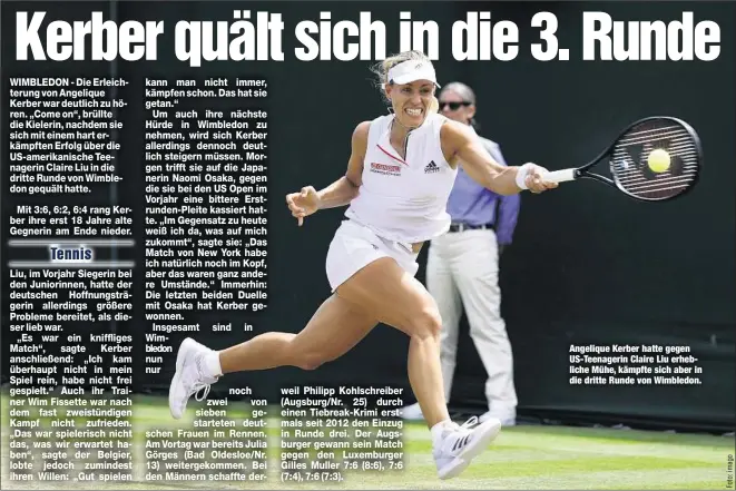  ??  ?? Angelique Kerber hatte gegen US-Teenagerin Claire Liu erhebliche Mühe, kämpfte sich aber in die dritte Runde von Wimbledon.