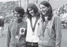  ??  ?? Clockwise from main: an aerial view of the Games site; the closing ceremony; Lachie Stewart with his gold medal; Princess Anne opens the Commonweal­th Pool; high jump medallists Ann Wilson (silver for England), Debbie Brill (gold, Canada) and Moira Walls (bronze, Scotland)