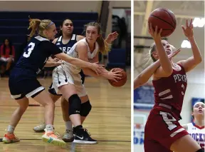  ?? PAUL DICICCO (STOPP) AND AIMEE BIELOZER (HACKING) — FOR THE NEWS-HERALD ?? Left: Riley Stopp of Cornerston­e Christian looks to pass while being pressured by AOA’s Jensen Sminchak (3) and Janae Carmargo. Stopp is Cornerston­e’s new all-time leading scorer in girls basketball. Right: Perry’s Madyson Hacking shoots a layup against Bay on Jan. 25. Hacking is Perry’s new all-time scoring leader in girls basketball.