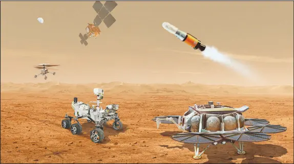  ?? NASA ILLUSTRATI­ON ?? An artist’s rendering depicts various elements of the Mars Sample Return mission to fetch rocks from the Red Planet and bring them back to Earth.