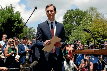  ?? PHOTO: REUTERS ?? Senior Adviser to the President Jared Kushner walks from the lectern after speaking outside the West Wing of the White House.