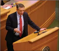  ?? (Arkansas Democrat-Gazette/Thomas Metthe) ?? Rep. Lee Johnson, R-Greenwood, presents House Bill 1127, aimed at making federal funds available to rural hospitals, during the House session on Thursday at the state Capitol in Little Rock.