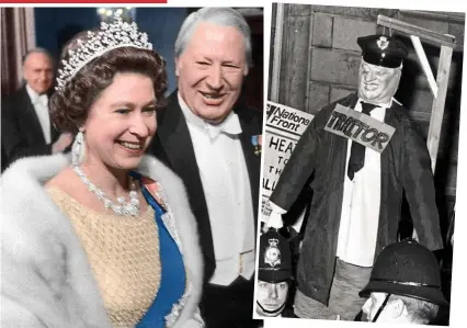  ??  ?? Celebratio­n: The Queen with Ted Heath at his Fanfare for Europe gala evening in 1973 at Covent Garden
Fury: Police and protesters with effigy of Heath being lynched outside event
