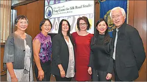  ?? PEG SKORPINSKI / UC BERKELEY ?? The P.Y. and Kinmay W. Tang Center for Silk Road Studies opened on Monday at UC Berkeley. From left: Nadine Tang, Leslie Schilling, Sanjyot Mehendale, the center’s chair; Corinne Debaine-Francfort of the National Center for Scientific Research in...