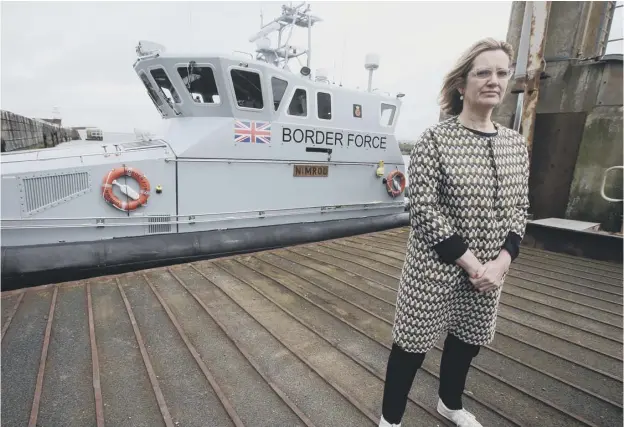  ??  ?? 0 Home Secretary Amber Rudd pays a visit to one of Border Force’s new coastal patrol vessels called Nimrod during her trip to Troon yesterday