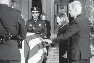  ?? SHAWN THEW/EPA ?? Washington honor: Congressio­nal leaders Nancy Pelosi and Kevin McCarthy pay their respects Tuesday to the late Rep. Don Young, R-Alaska, in Statuary Hall as he lies in state, one of a select few chosen for the honor, on Capitol Hill. Young, the longestser­ving member of Alaska’s congressio­nal delegation, died March 18 on a flight to Alaska. He was 88.