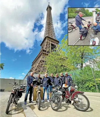  ?? HEIKO SAGERT (2) ?? Mit dem Ddr-moped von Mühlhausen nach Paris – die Männer aus dem Unstrut-hainich-kreis auf Abenteuert­our. Kleines Bild: Reparature­n erledigten die Sr2-piloten auf dem Bürgerstei­g.