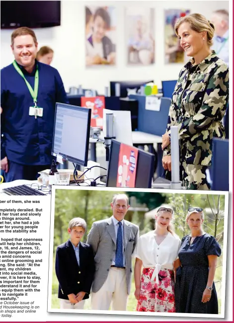  ??  ?? Caring...the Countess meets staff at Childline’s HQ as she works a shift. Below, with Prince Edward and their children Louise and James
Pictures: MEGAN TAYLOR, GETTY