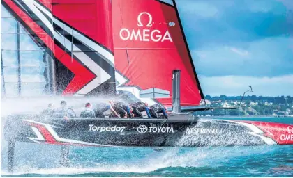  ?? Picture / Hamish Hooper ?? New Zealand Aotearoa makes a splash on the Waitemata Harbour yesterday.