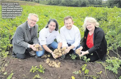  ??  ?? Ivor Ferguson of the Ulster Farmers’ Union, chefs Michael Deane and Mark Abbott and Food NI chief executive Michele Shirlow help launch the event yesterday