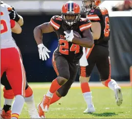  ?? JASON MILLER / GETTY IMAGES ?? Browns rookie running back Nick Chubb, a former UGA star from Cedartown, has rushed for 403 yards and four touchdowns on 74 carries this season.