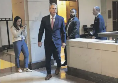  ?? KEVIN DIETSCH/GETTY IMAGES ?? House Speaker Kevin McCarthy, R-Calif., arrives for a meeting with intelligen­ce officials on Tuesday in Washington, D.C.