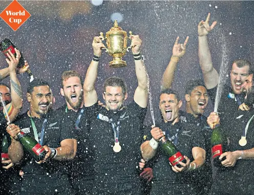  ??  ?? Richie Mccaw holds the Webb Ellis trophy aloft after New Zealand’s success at Twickenham in 2015. The tournament is cemented in the calendar but there are plans to start it a week earlier in September World Cup