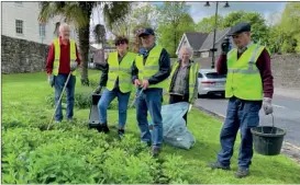  ?? ?? Taking a break from weeding at the palm tree beds on the New Way, Lismore are Lismore Tidy Towns members l-r Willie Henry, Sheila Roche, Michael McBride, Nora O’Connor and Pat Fleming.