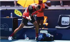  ?? Michael Reaves/Getty Images ?? Nick Kyrgios slams his racket to the ground during his Miami Open loss. Photograph: