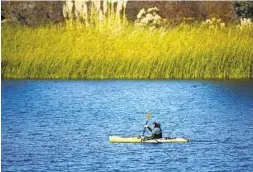  ?? K.C. ALFRED U-T ?? Justin Brackett se lanza en kayak mientras pesca en una calurosa mañana en el embalse de Miramar en Scripps Ranch el 18 de noviembre de 2019.