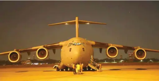  ??  ?? AN IAF C-17 GLOBEMASTE­R AIRCRAFT AT THE HINDAN AIRBASE ON MARCH 9, 2020. THE AIRCRAFT TOOK OFF TO TEHRAN TO AIRLIFT INDIAN CITIZENS STRANDED IN IRAN.