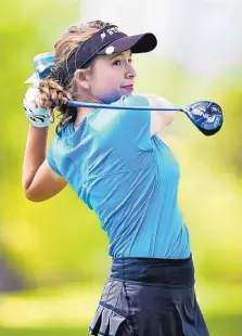  ?? MARLA BROSE/JOURNAL ?? Cleveland High’s Jacque Galloway earned medalist honors by four strokes in the “Shootout in the Desert” on Monday with a 2-under 70 at The Canyon Club. But the Storm lost the team championsh­ip to St. Pius.